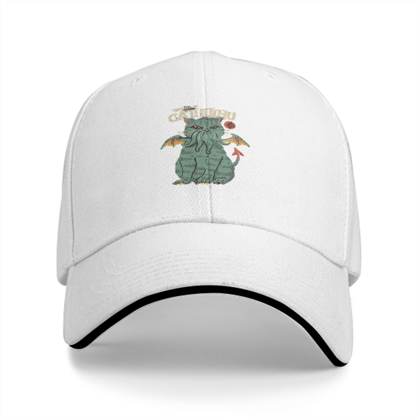 Black Baseball Cap With Cthulhu Cat Graphic Print
