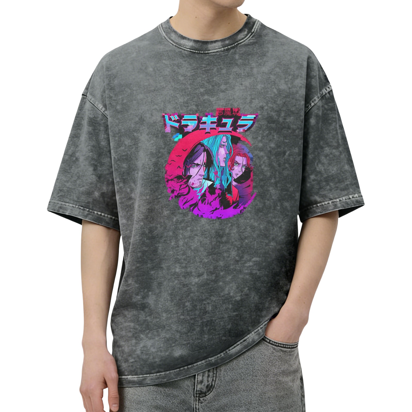 Retro washed black anime theme printed short-sleeved T-shirt