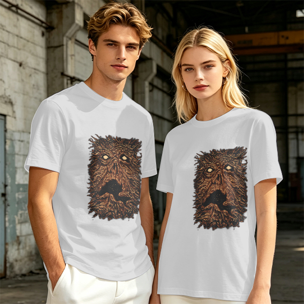 Olive Green T-Shirt with Spooky Tree Monster Face Print