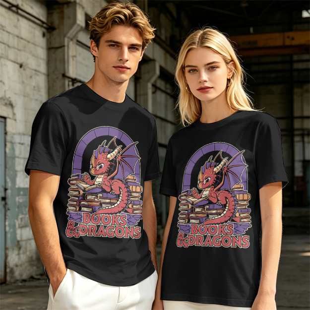 Olive t-shirt with cute red dragon reading books graphic