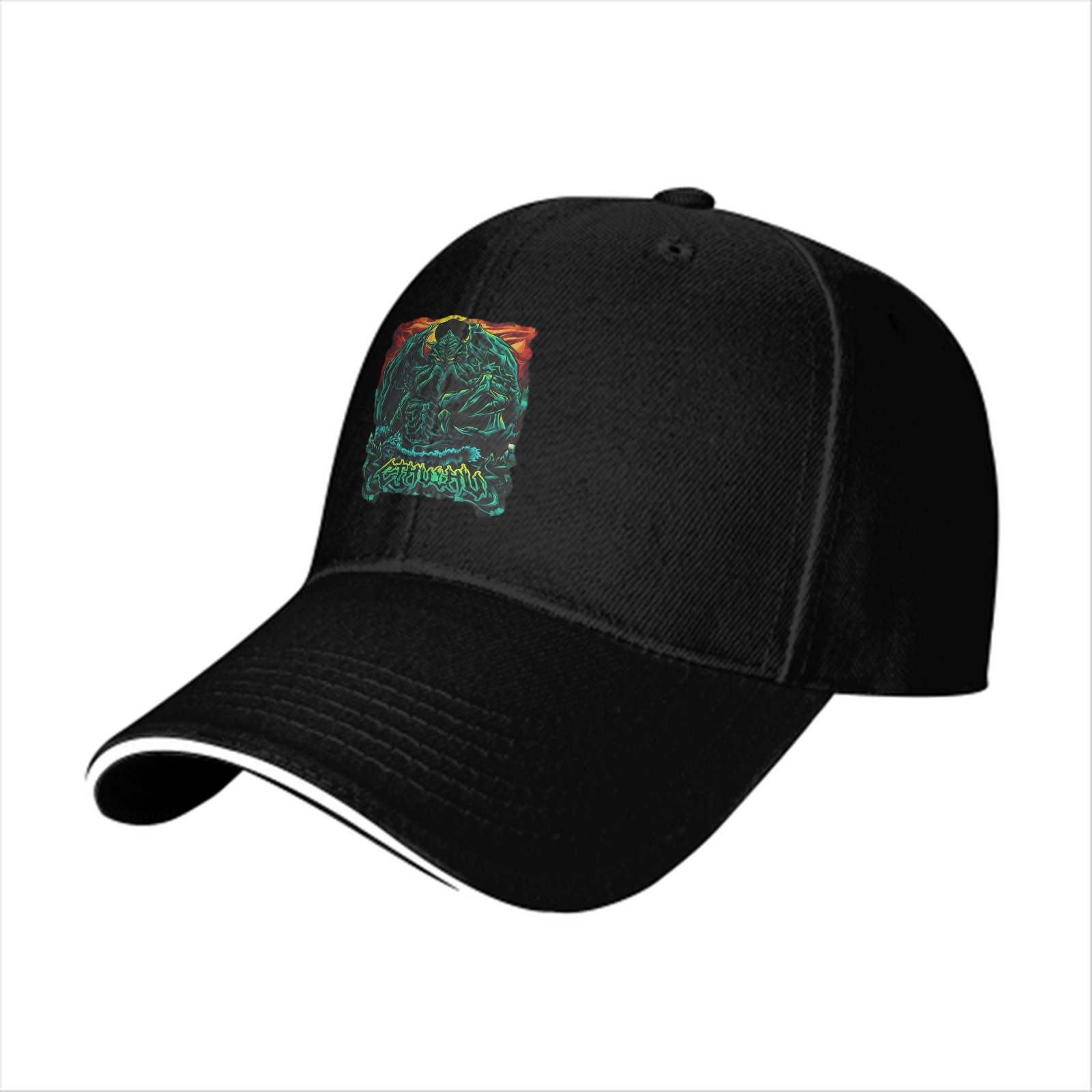Black Baseball Cap With Dark Fantasy Monster Graphic Print