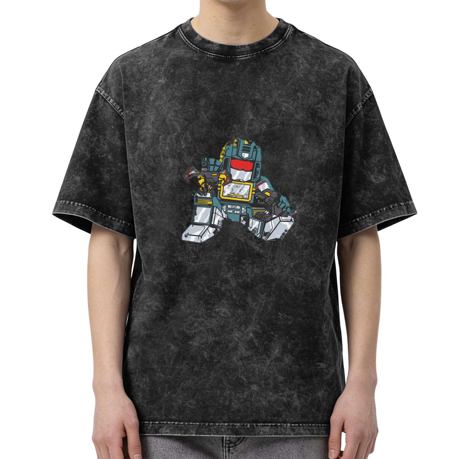 Oversized Acid Wash Black T-Shirt with Chibi Transformers Soundwave Graphic Print