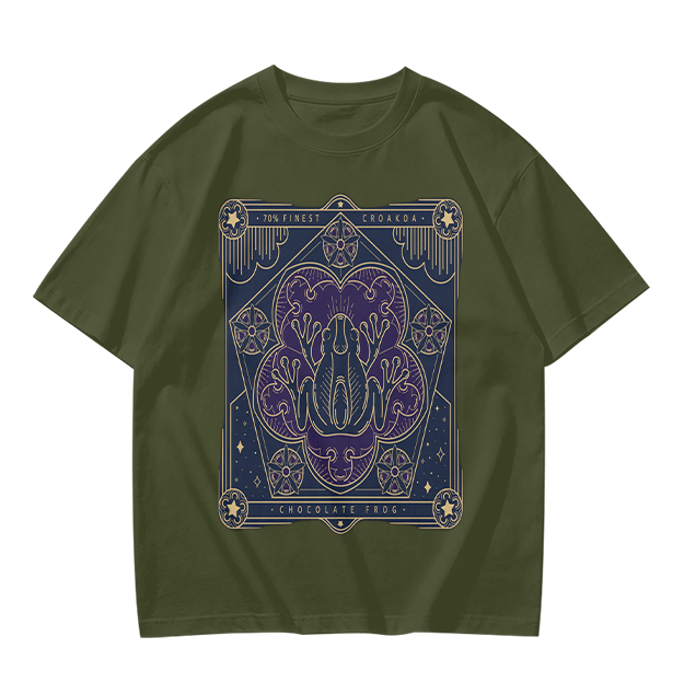 Olive T-Shirt with Mystical Frog Tarot-Style Graphic Print