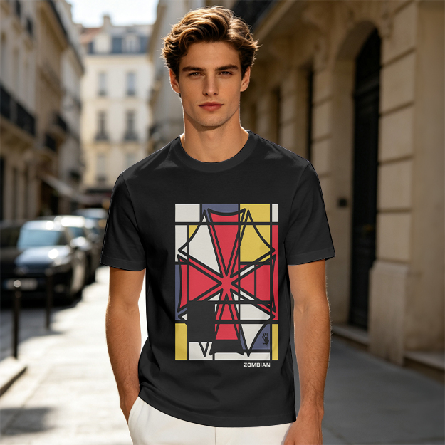 Olive T-Shirt with Mondrian-style Geometric Abstract Graphic Print