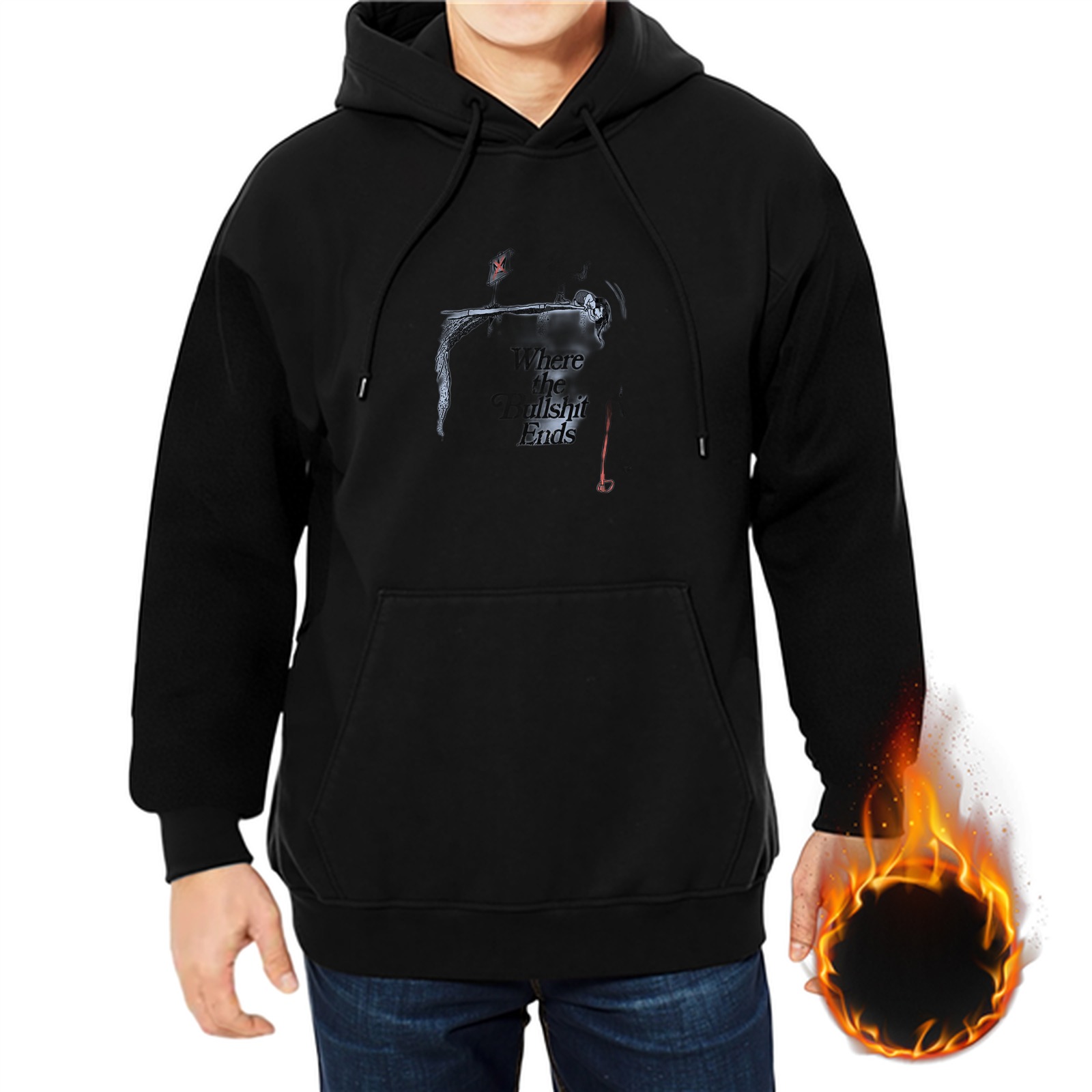 Black graphic hoodie with grim reaper and text print