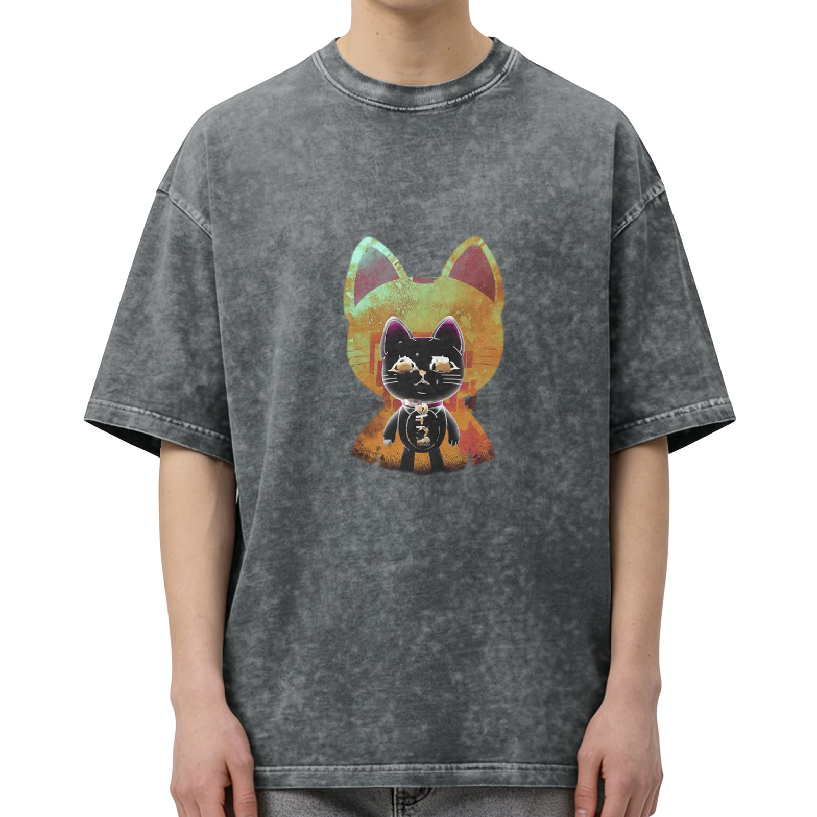 Washed Black T-Shirt With Stylized Cat Graphic Print