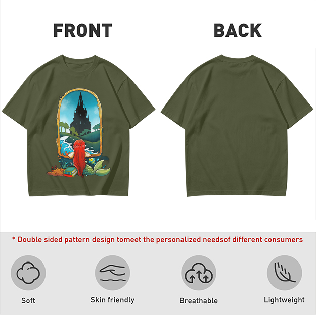 Olive T-Shirt With Mermaid Looking At Castle Art Print