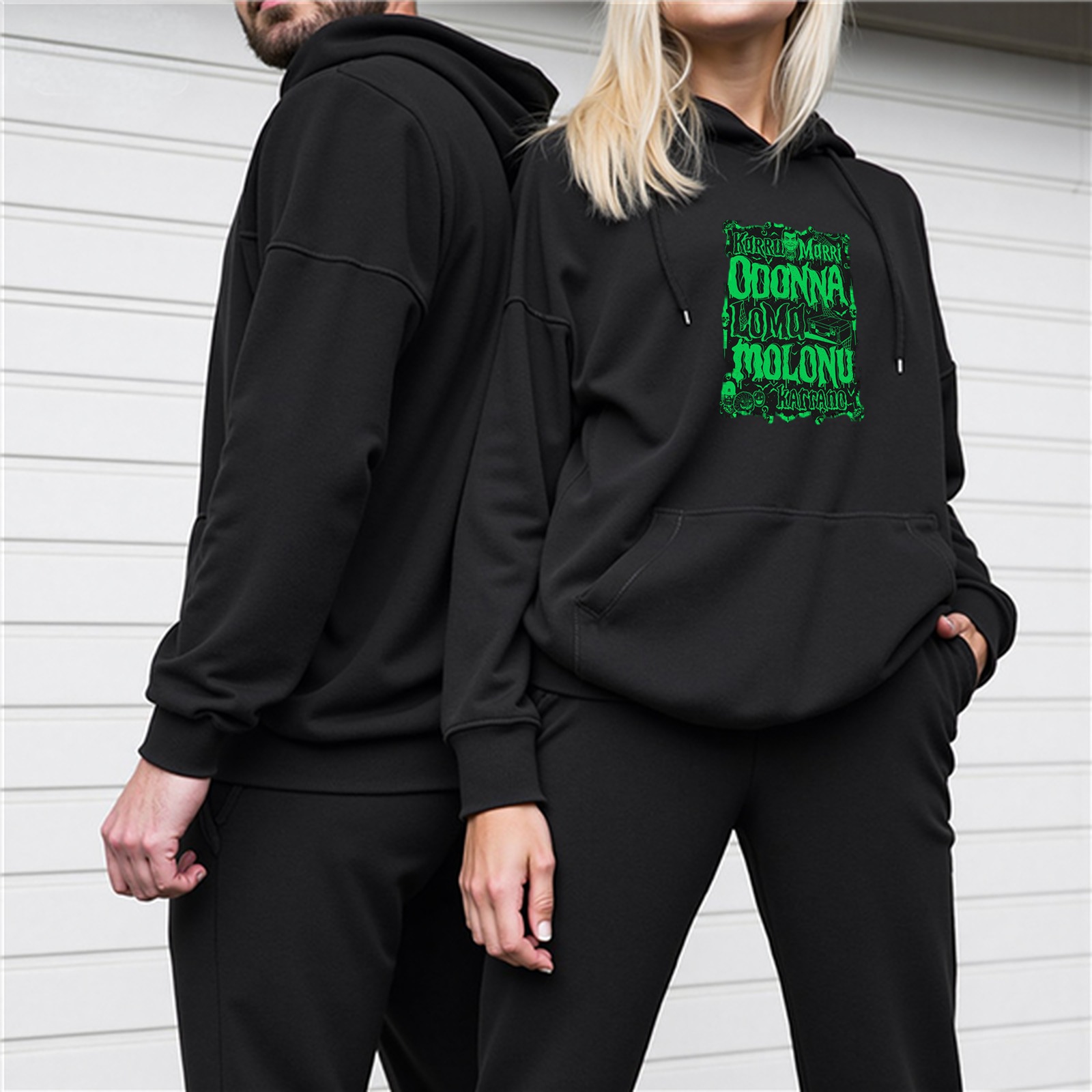 Black hoodie with bright green graphic text print