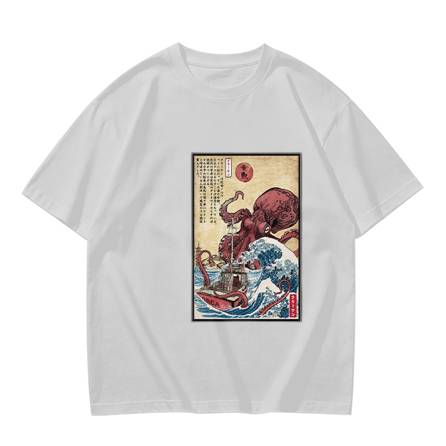 Olive T-shirt with Japanese octopus and wave woodblock print