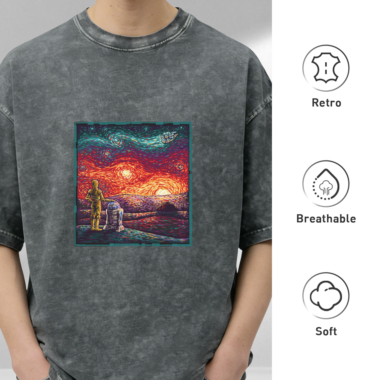 Star Wars Van Gogh Style Droid Graphic Vintage Wash T-Shirt
