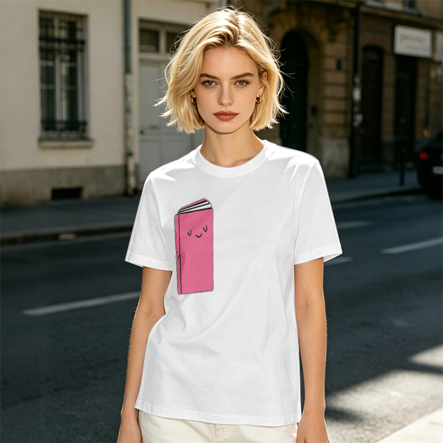 Olive Green T-Shirt With Cute Smiling Pink Book Graphic