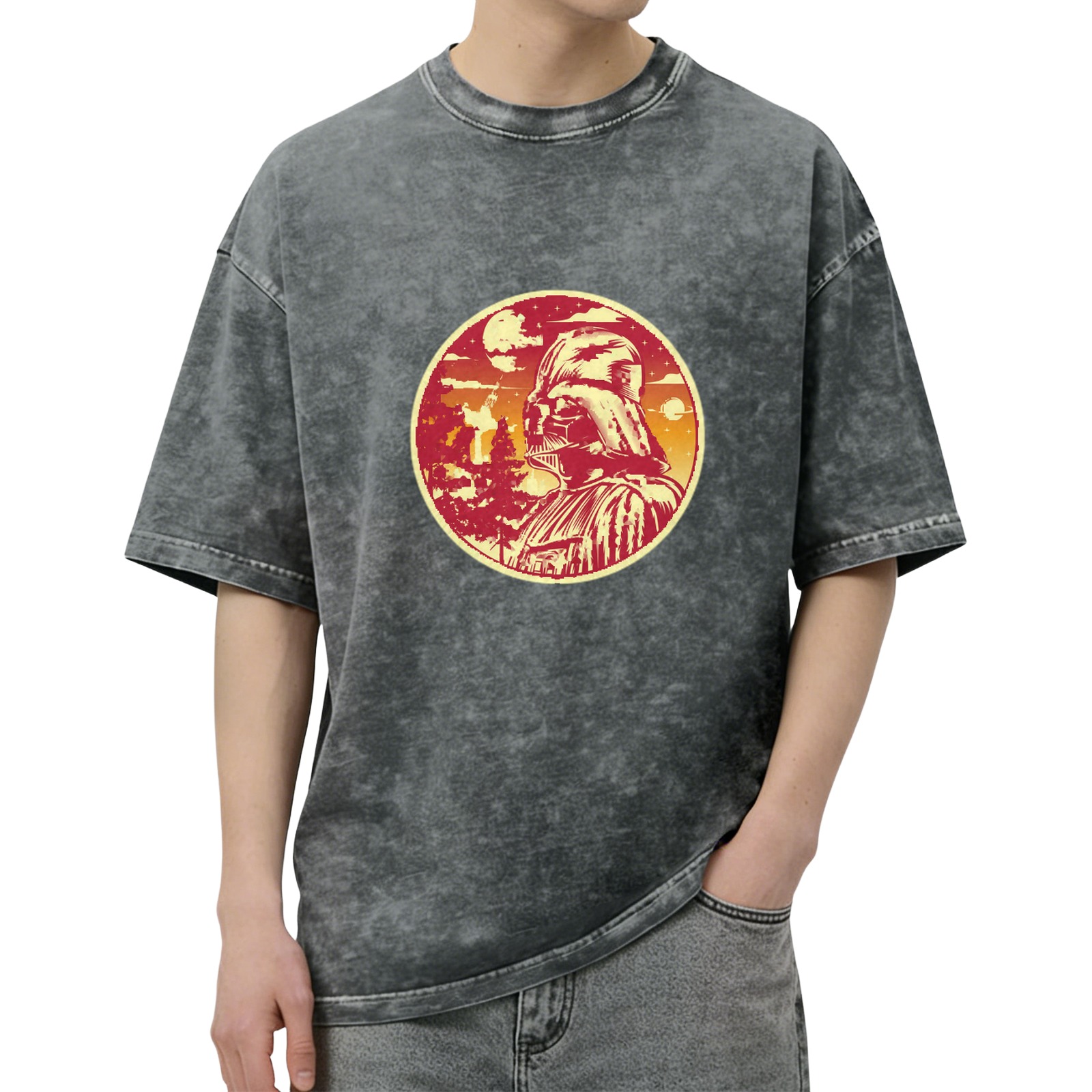 Oversized Dark Wash T-Shirt With Star Wars Darth Vader Sunset Print