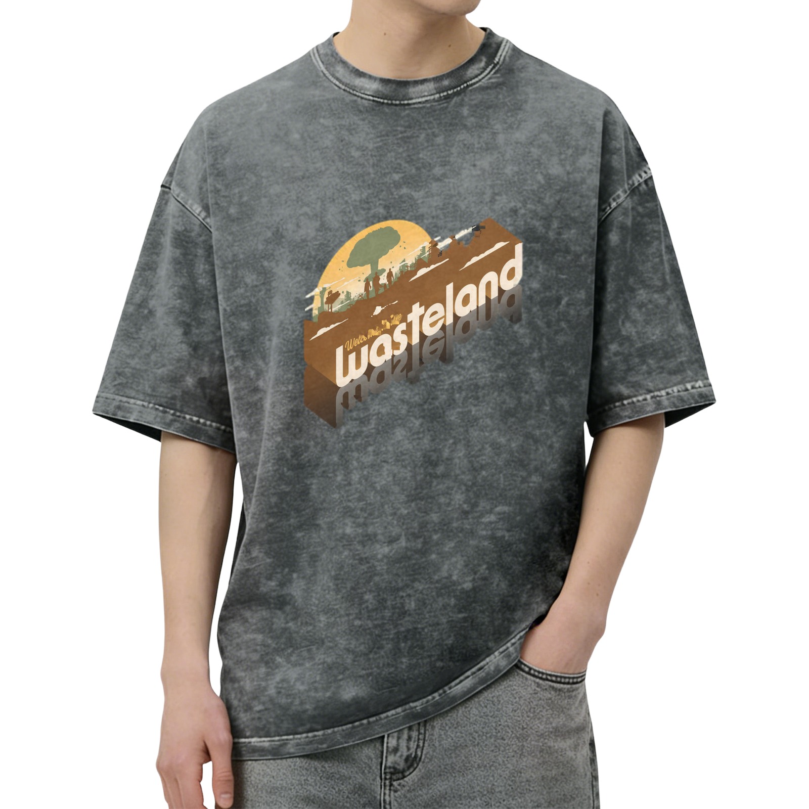 Oversized Acid Wash T-Shirt with Wasteland Graphic Print