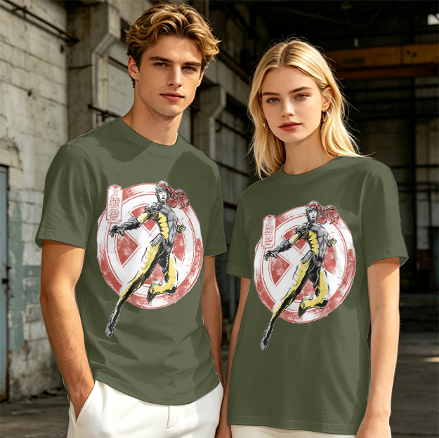 Olive T-shirt with X-Men style superhero graphic print