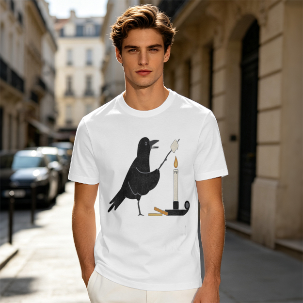Olive T-Shirt With Crow Roasting Marshmallow Over Candle Print