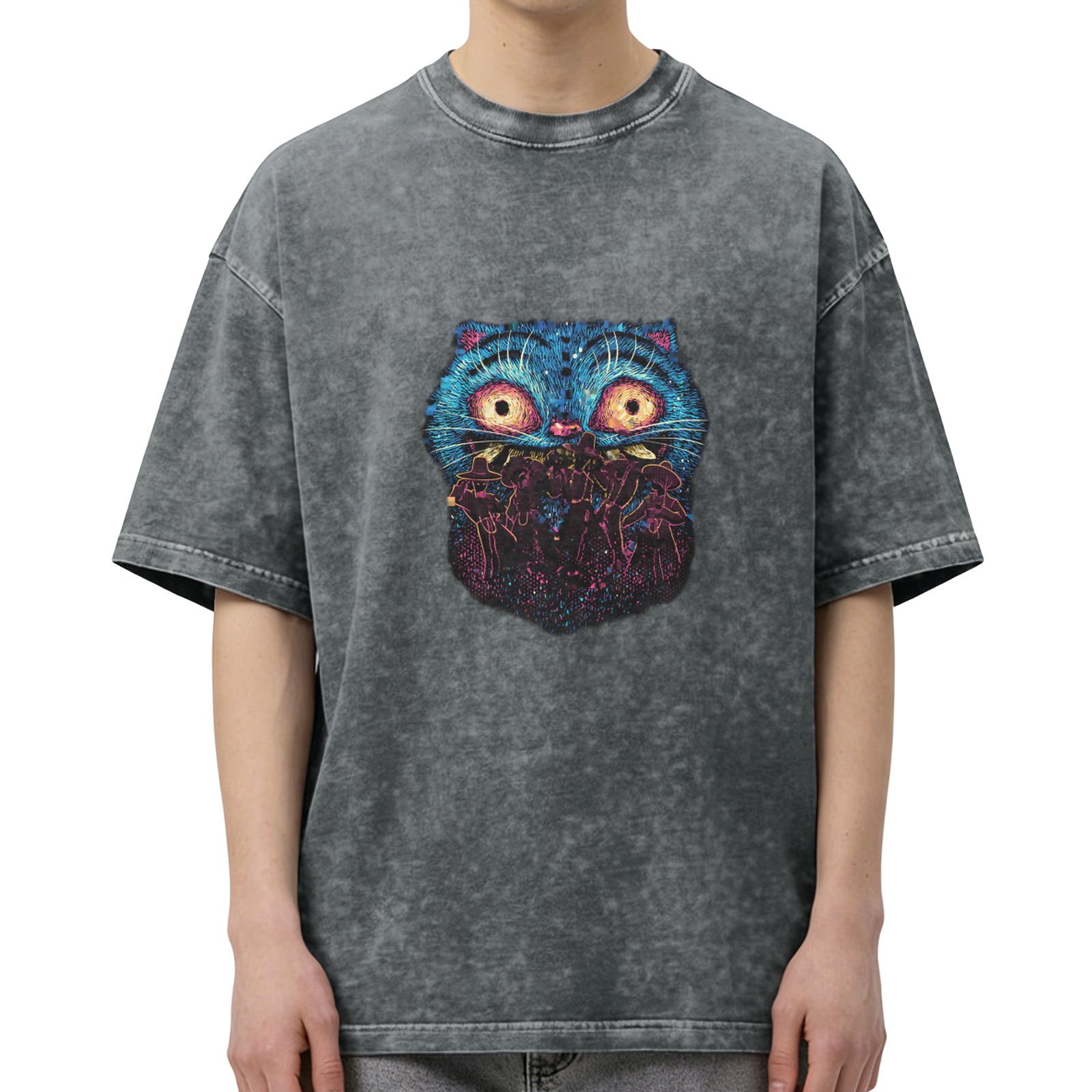 Oversized Acid Wash T-Shirt With Surreal Blue Cat Graphic