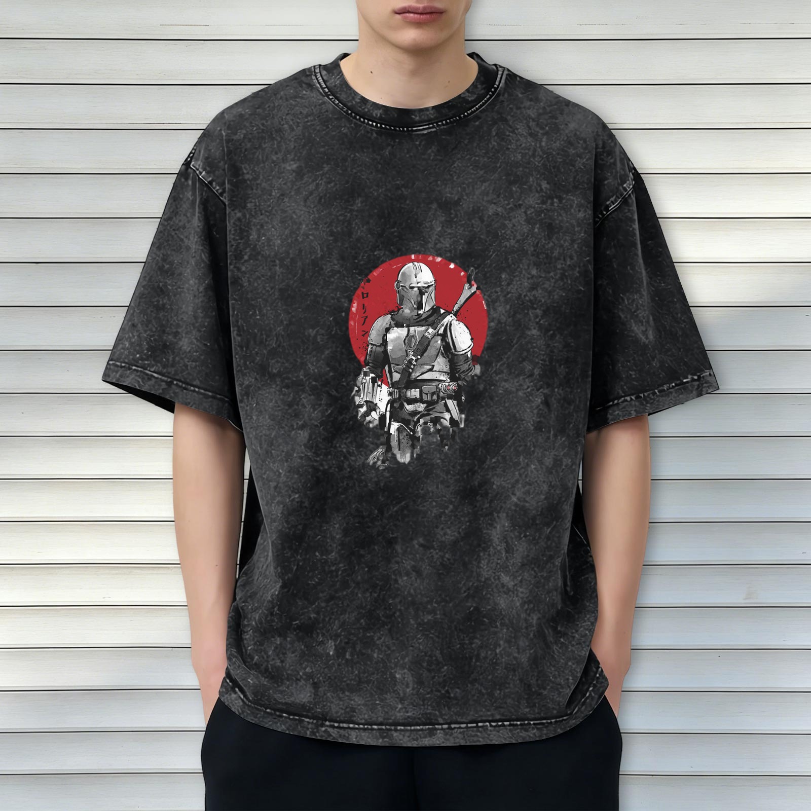 Washed Black T-Shirt With Mandalorian Warrior Red Circle Graphic