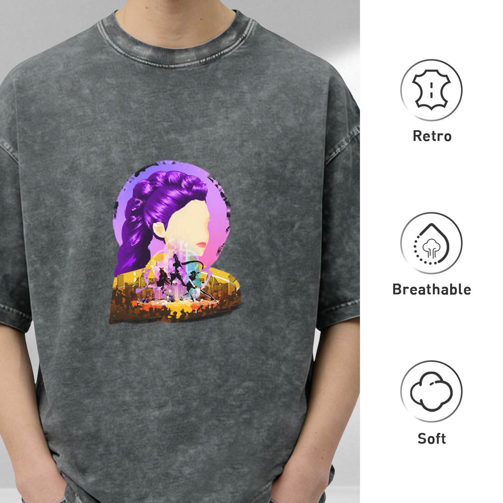 Oversized Acid Wash Graphic T-Shirt with Stylized Purple-Haired Woman Art Print