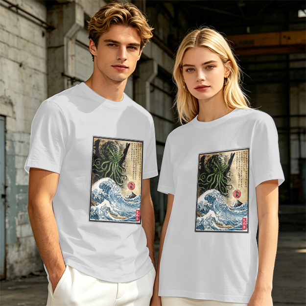 Olive T-shirt with Cthulhu Great Wave Japanese Art Print