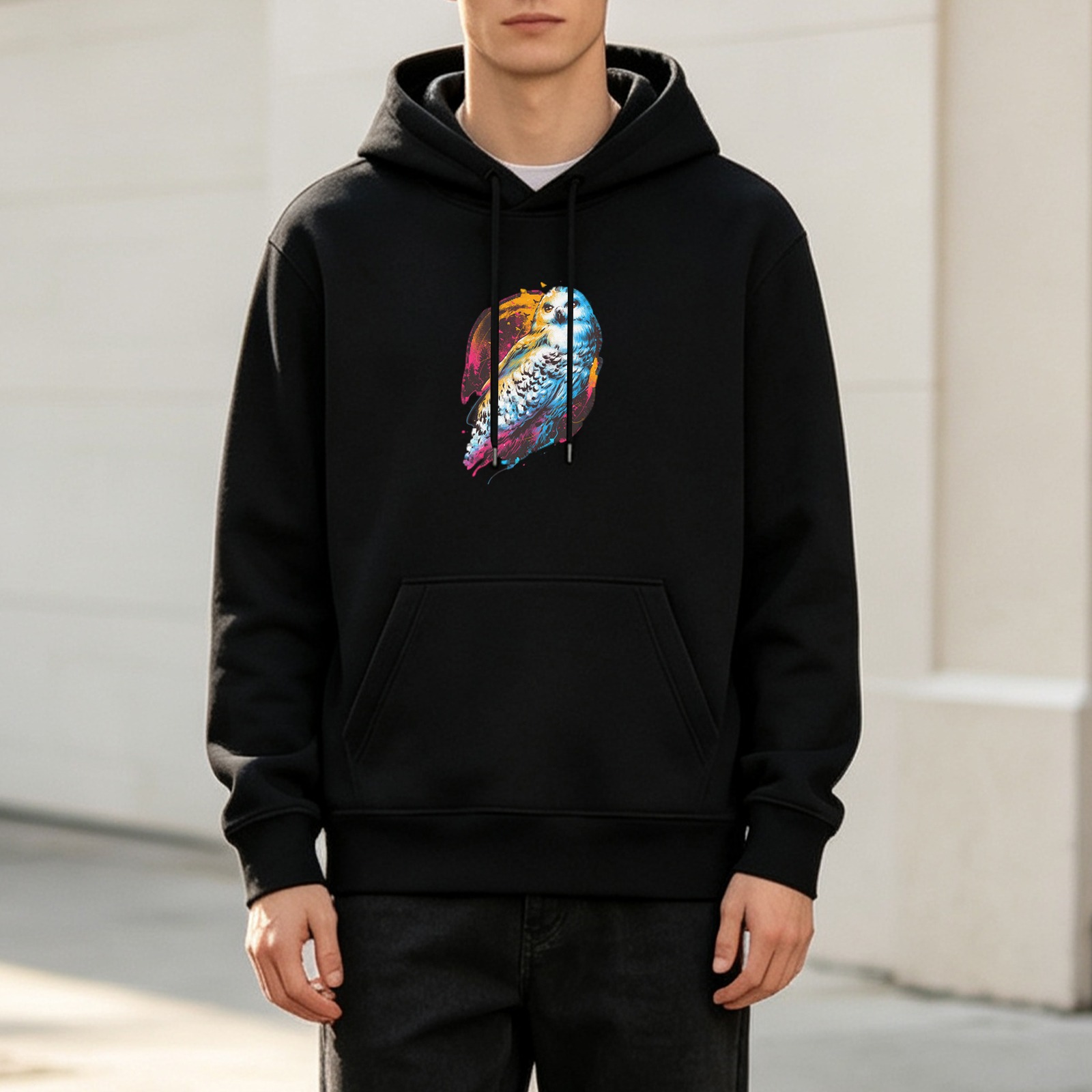 Black Hoodie With Vibrant Artistic Owl Graphic Print