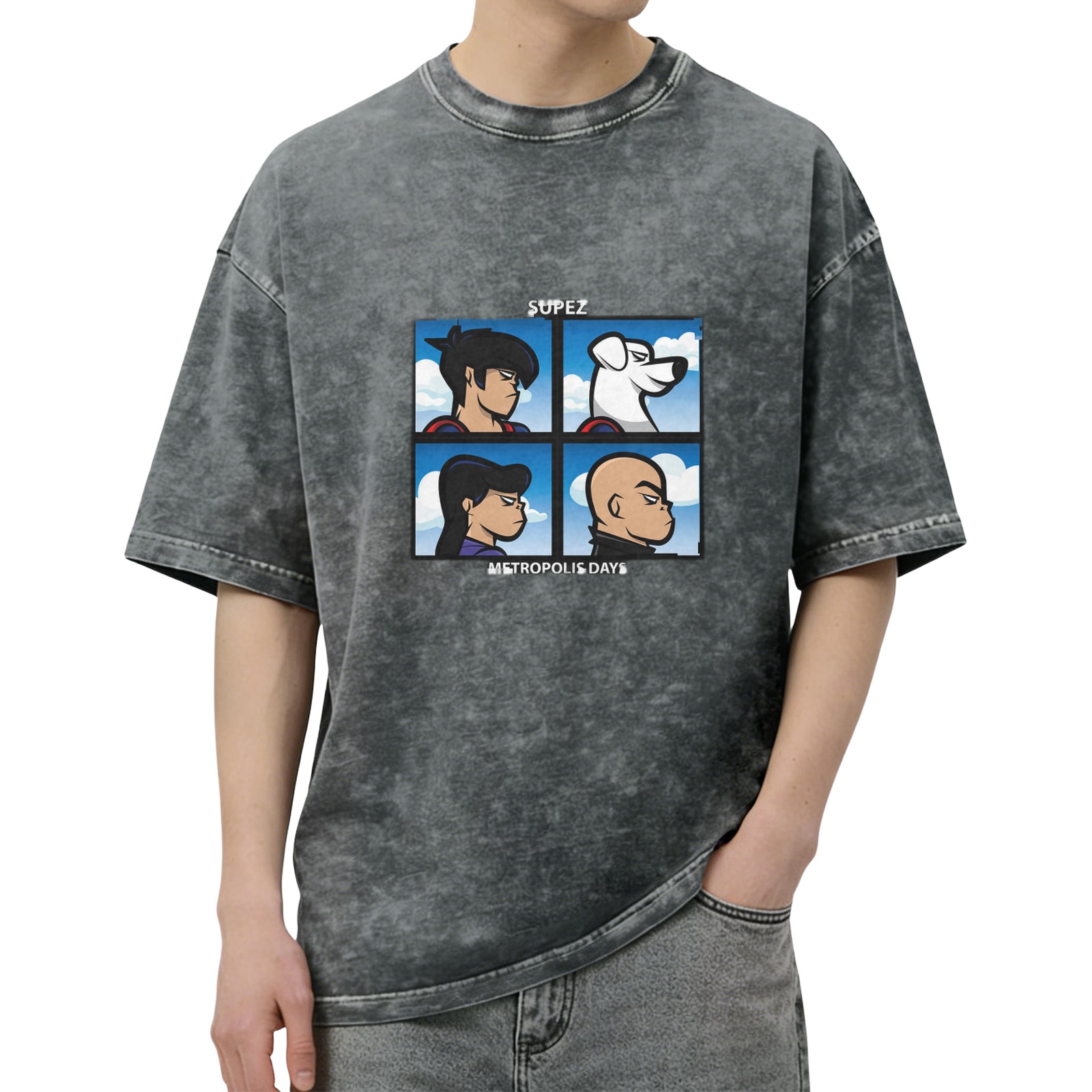 Washed Black T-Shirt With Four Panel Superhero Character Artwork