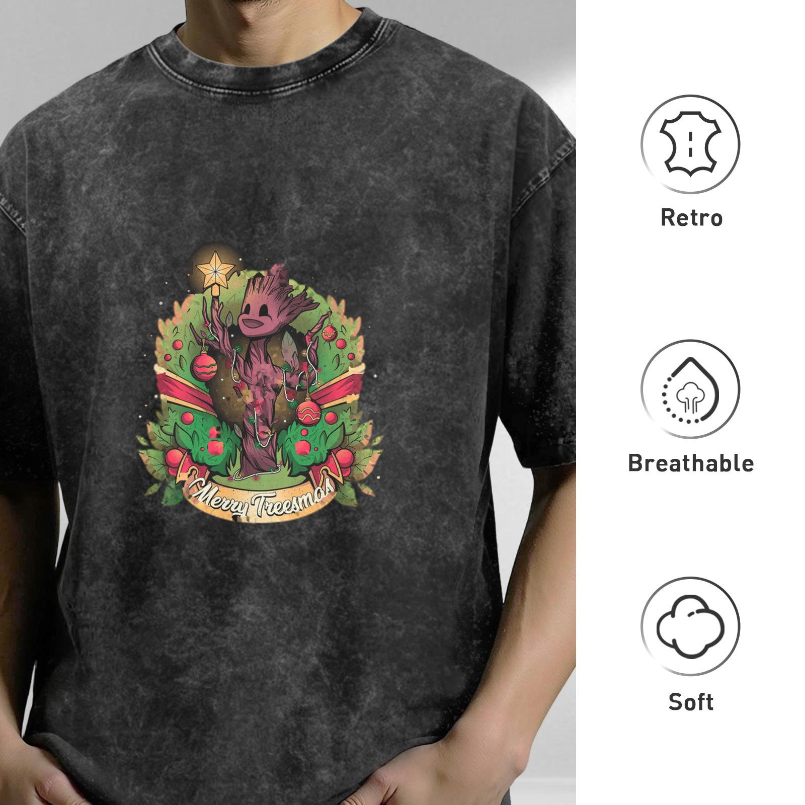 Oversized dark washed t-shirt with Groot Merry Treesmas Christmas print