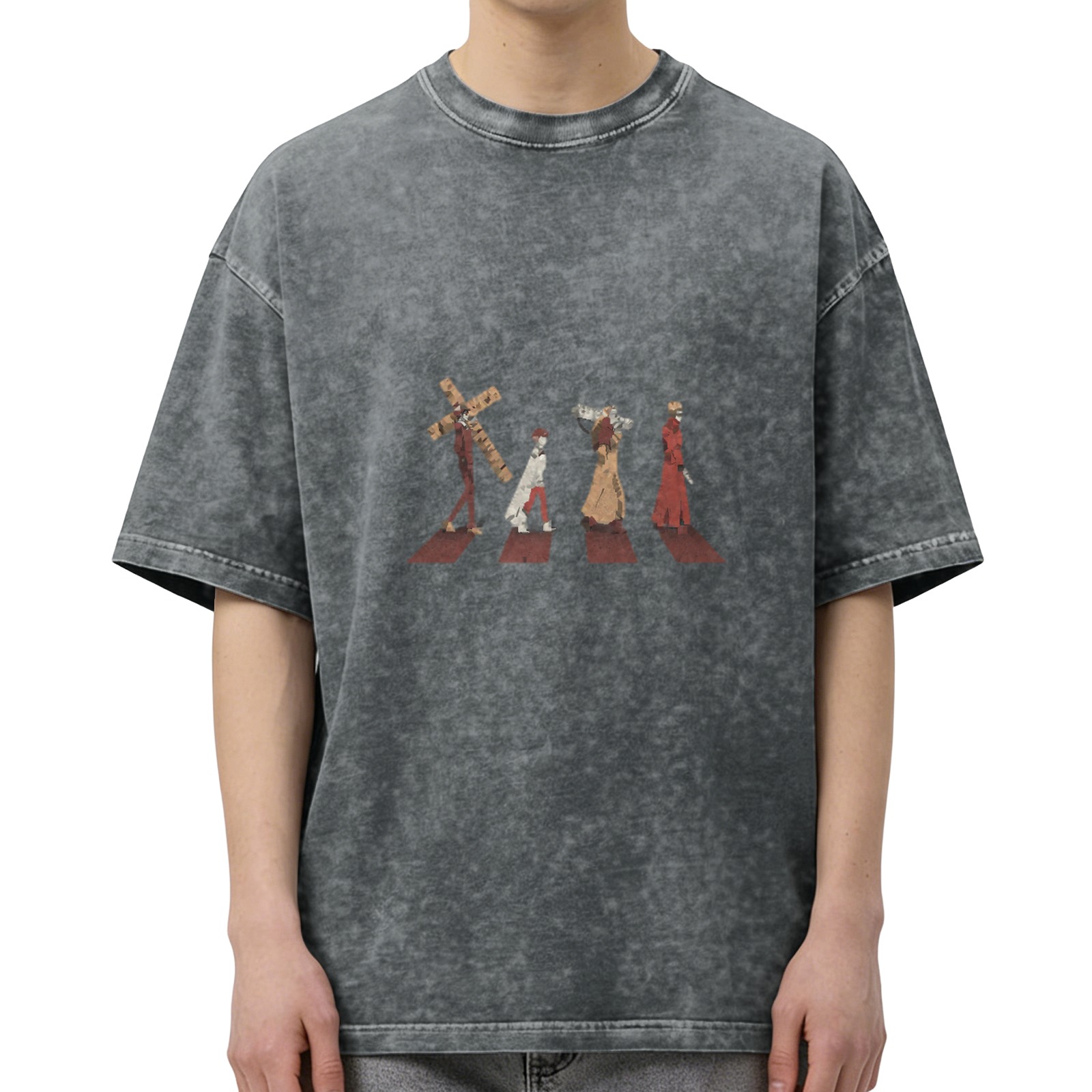 Distressed black short-sleeved T-shirt with cross character print, retro washed loose style