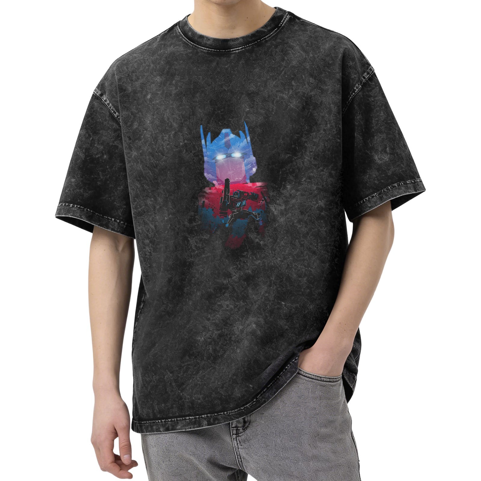 Washed distressed black Optimus Prime print short-sleeved T-shirt
