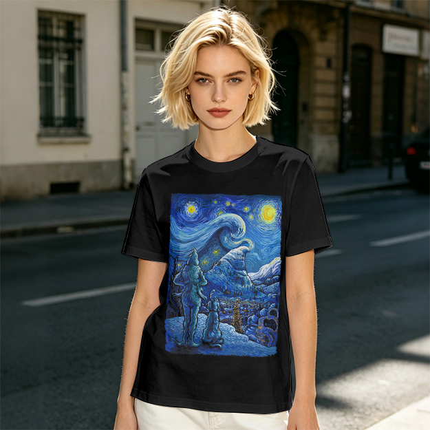 Olive T-Shirt with Starry Night Alien Landscape Art Print