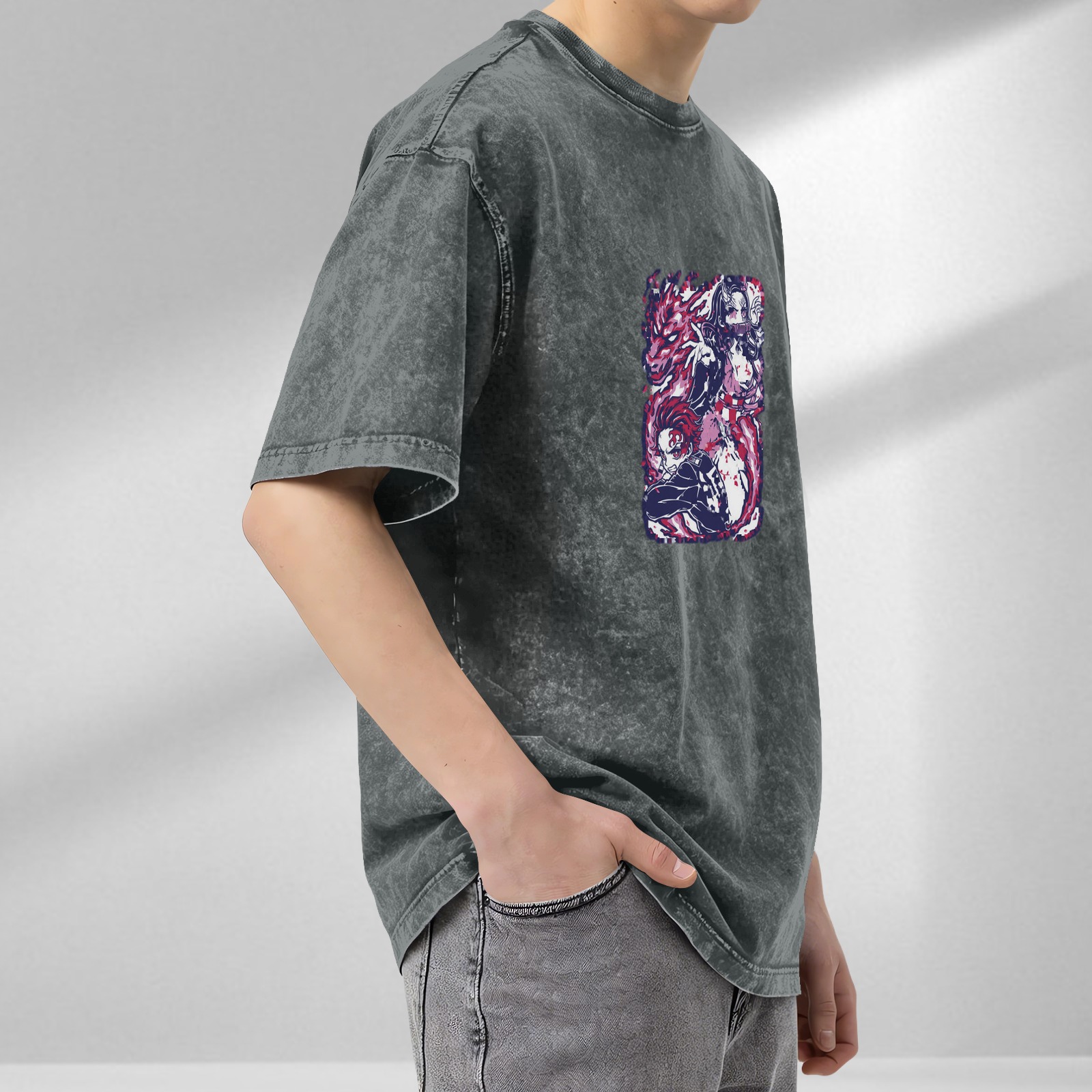 Demon Slayer themed distressed washed black loose short-sleeved T-shirt