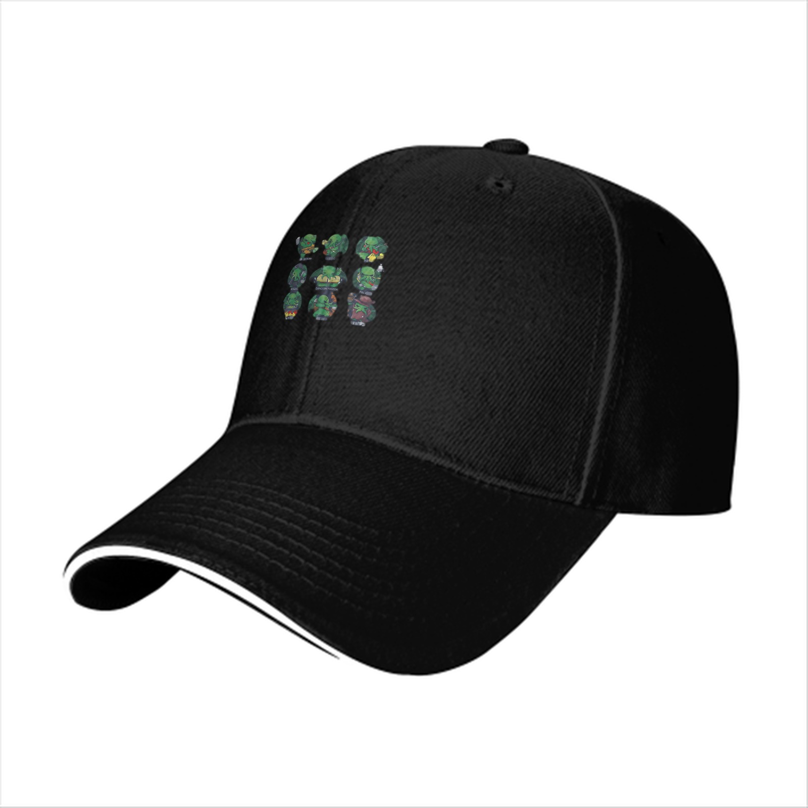 Black baseball cap with small green character grid print