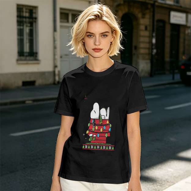 Olive T-Shirt with Snoopy Christmas Doghouse Design