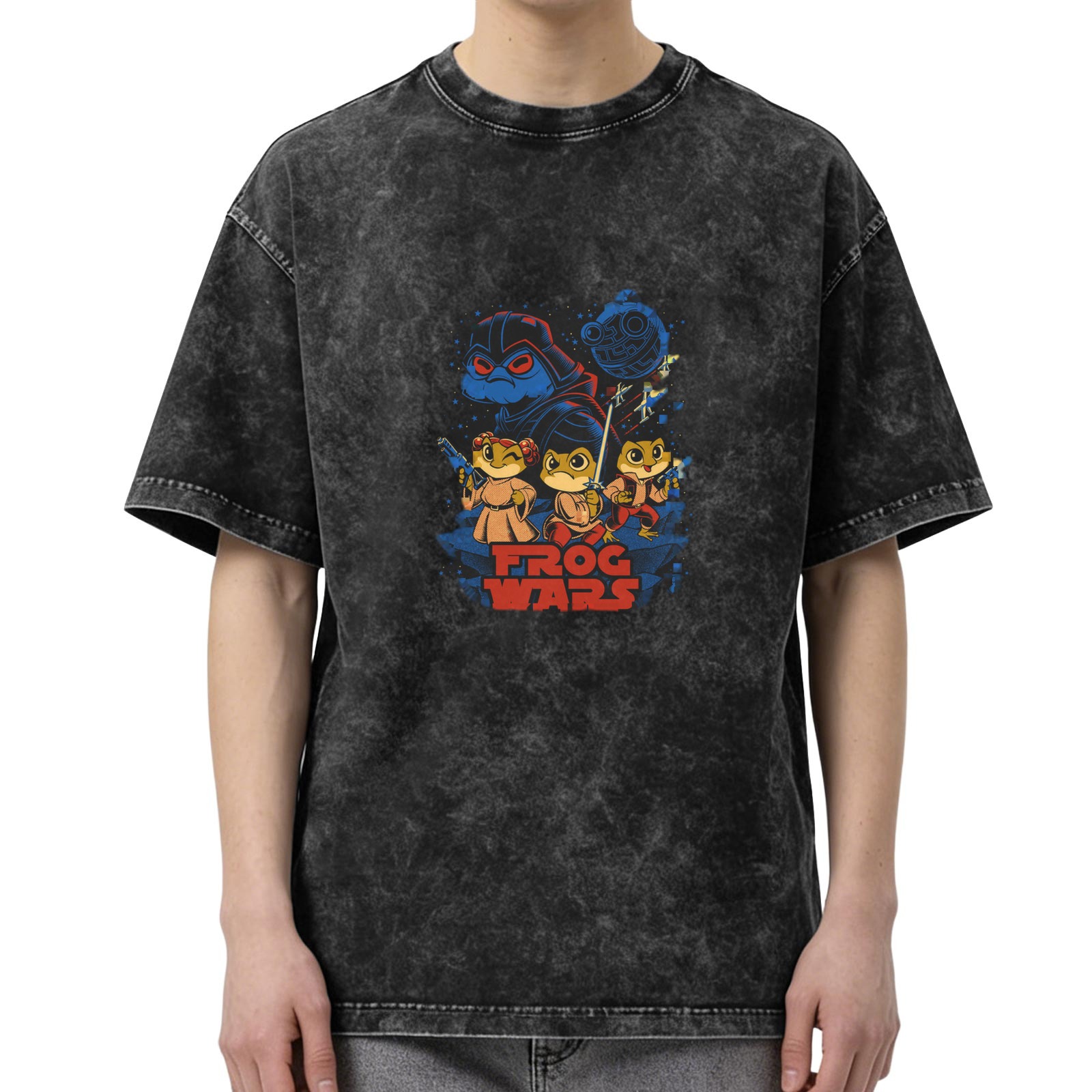 Frog Wars themed distressed short-sleeved T-shirt, casual and loose style