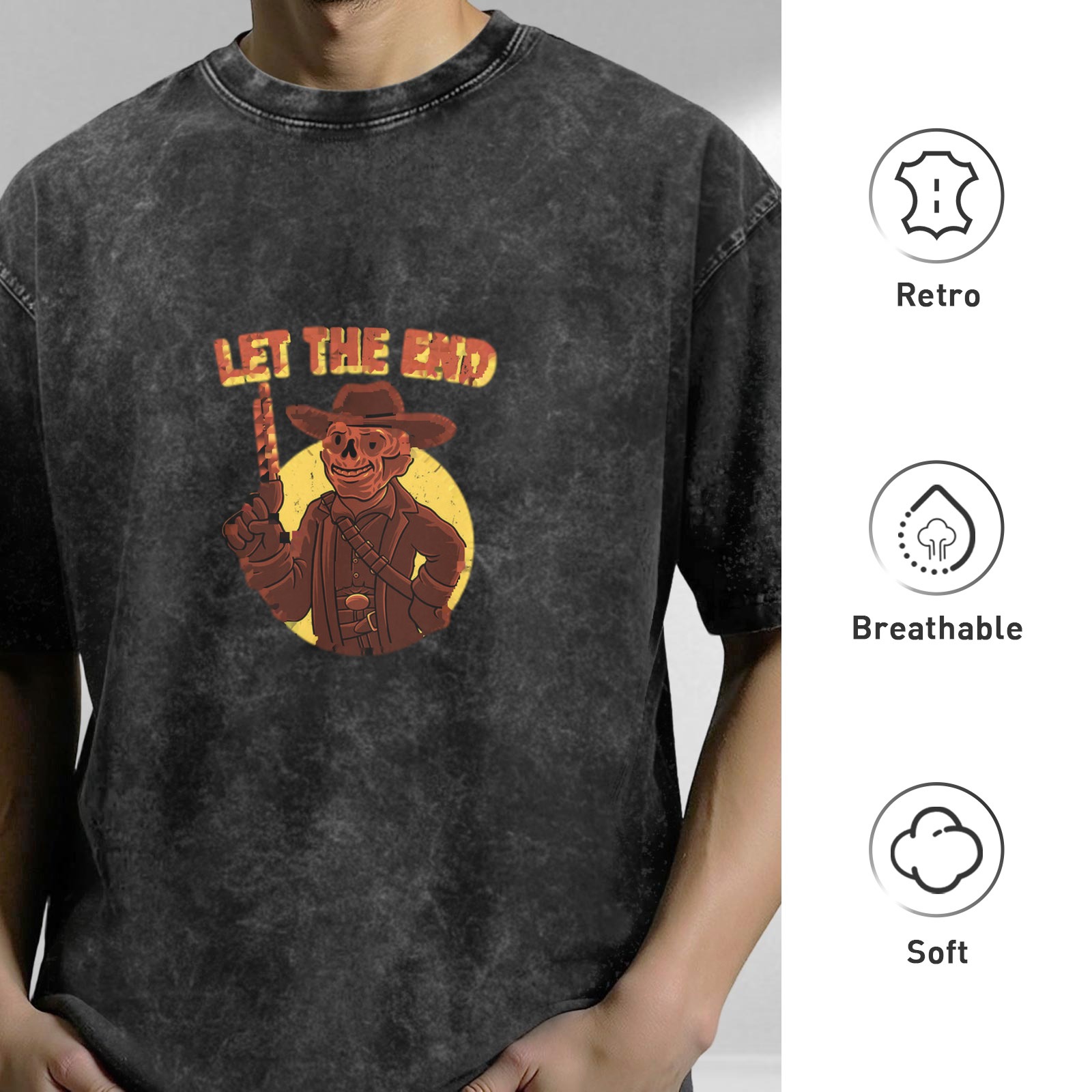 Washed Black T-Shirt With Skeleton Cowboy Graphic Print