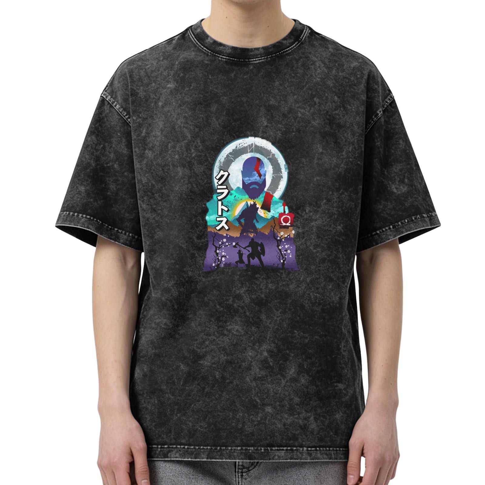 Oversized Dark Wash Graphic Tee With Norse Warrior Artwork