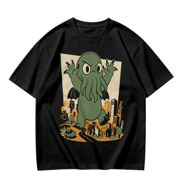 Olive T-shirt with cartoon Cthulhu monster destroying cityscape print
