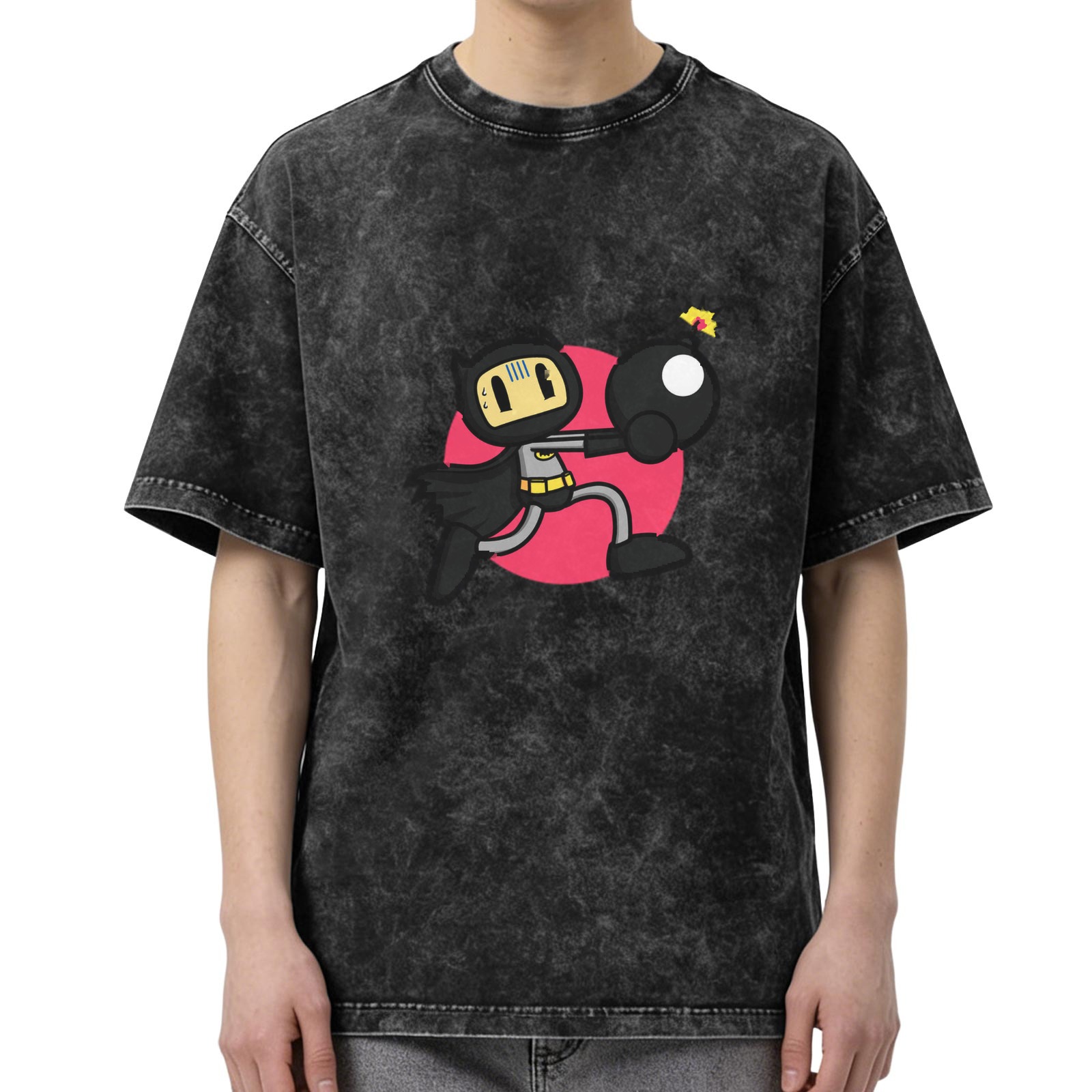 Oversized Acid Wash T-Shirt With Batman Bomber Cartoon Graphic
