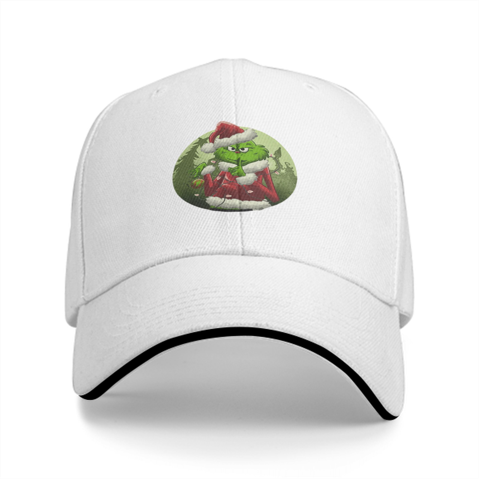 Black baseball cap with Grinch in Santa costume graphic