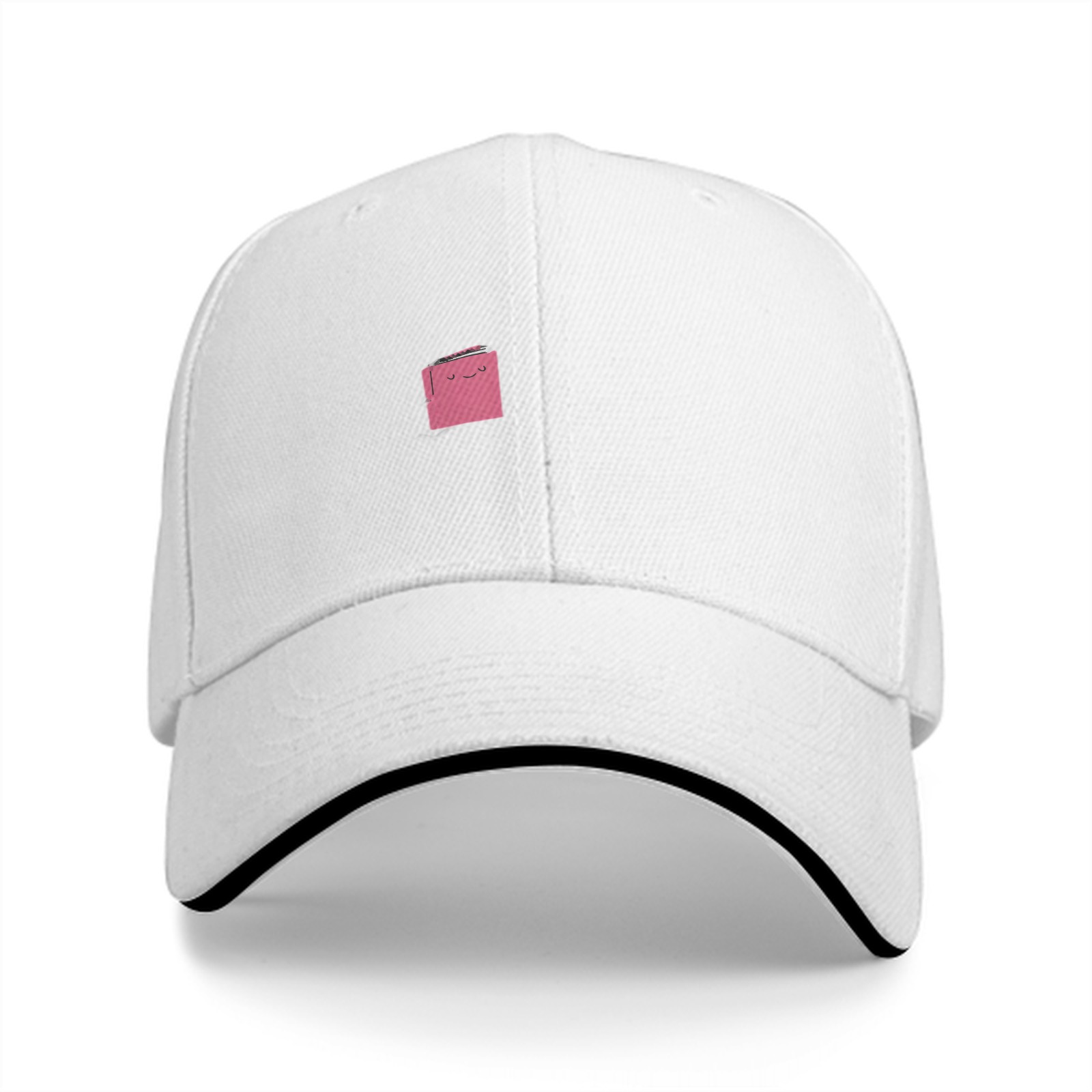 Black Baseball Cap With Small Pink Square Smiley Graphic