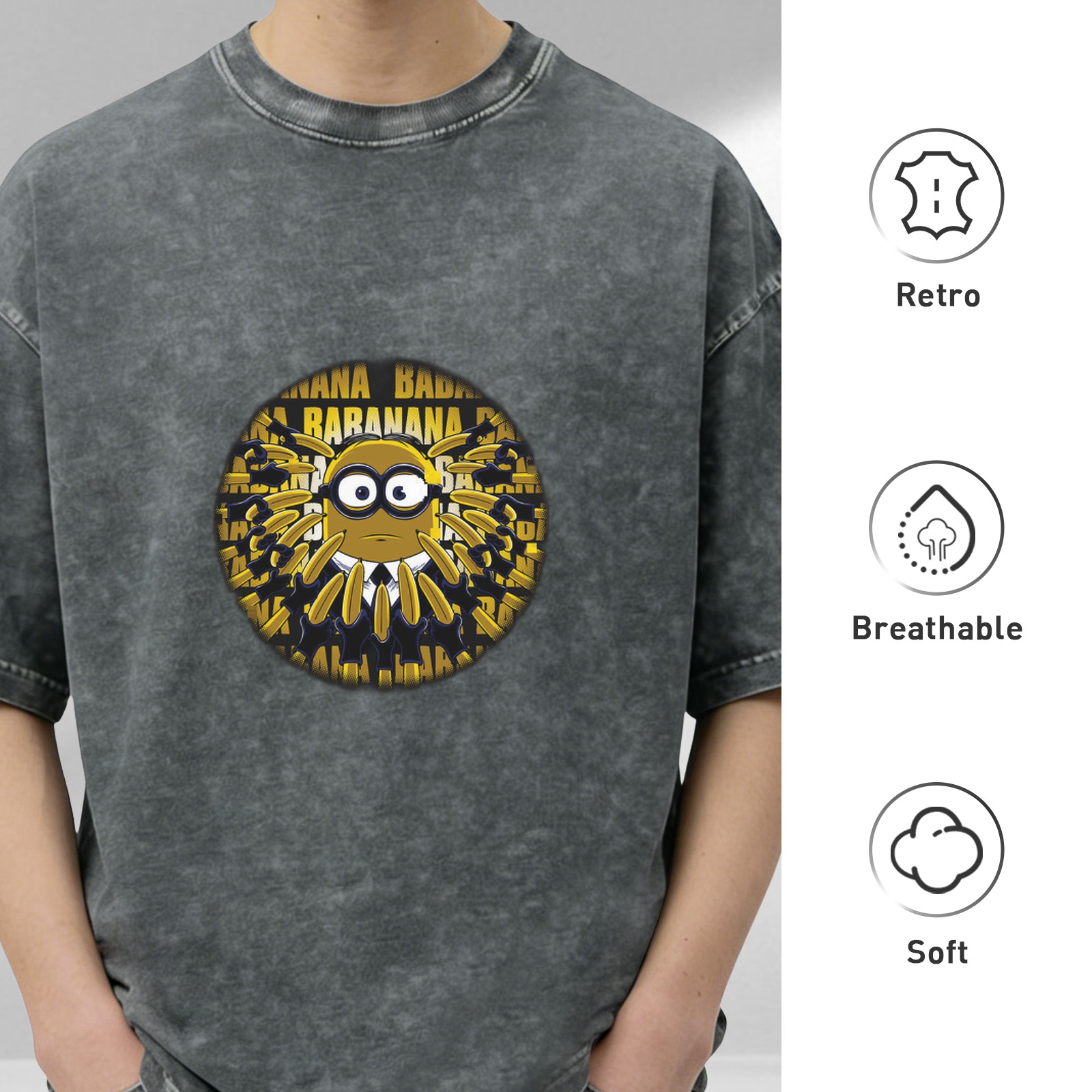 Washed Black Minion Banana Graphic Short Sleeve T-Shirt