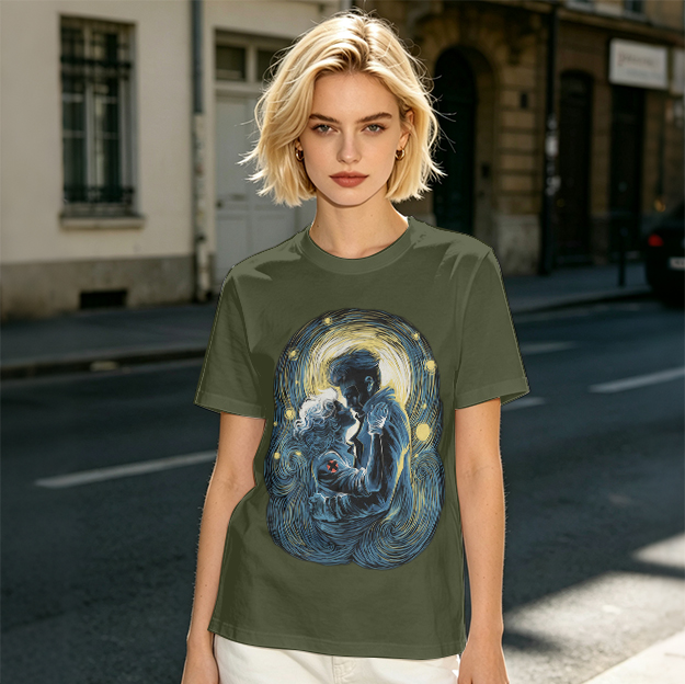 Olive T-Shirt With Starry Night Style Embracing Couple Art