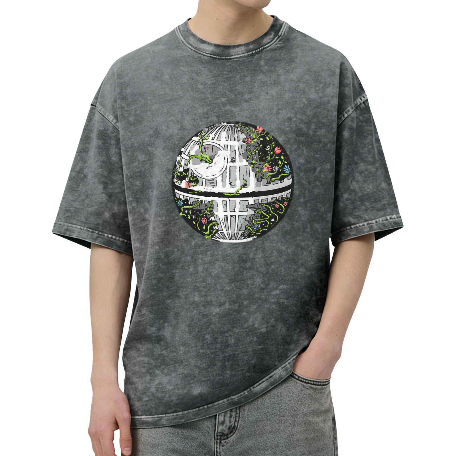 Oversized Acid Wash T-Shirt with Overgrown Death Star Graphic