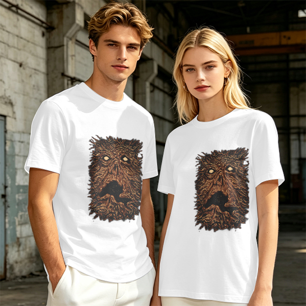 Olive Green T-Shirt with Spooky Tree Monster Face Print