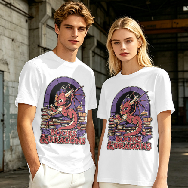 Olive t-shirt with cute red dragon reading books graphic