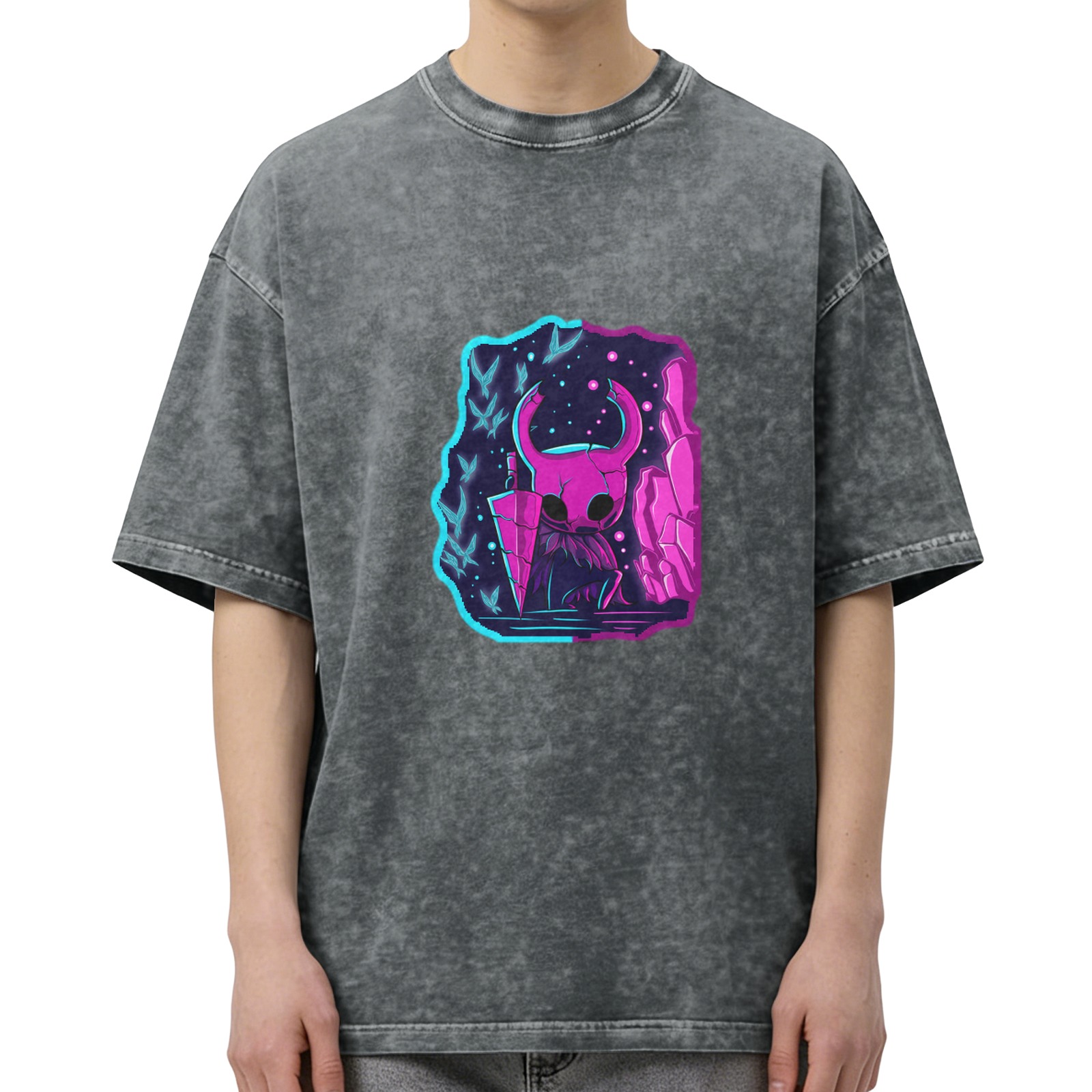 Hollow Knight neon style print distressed washed black loose short-sleeved T-shirt