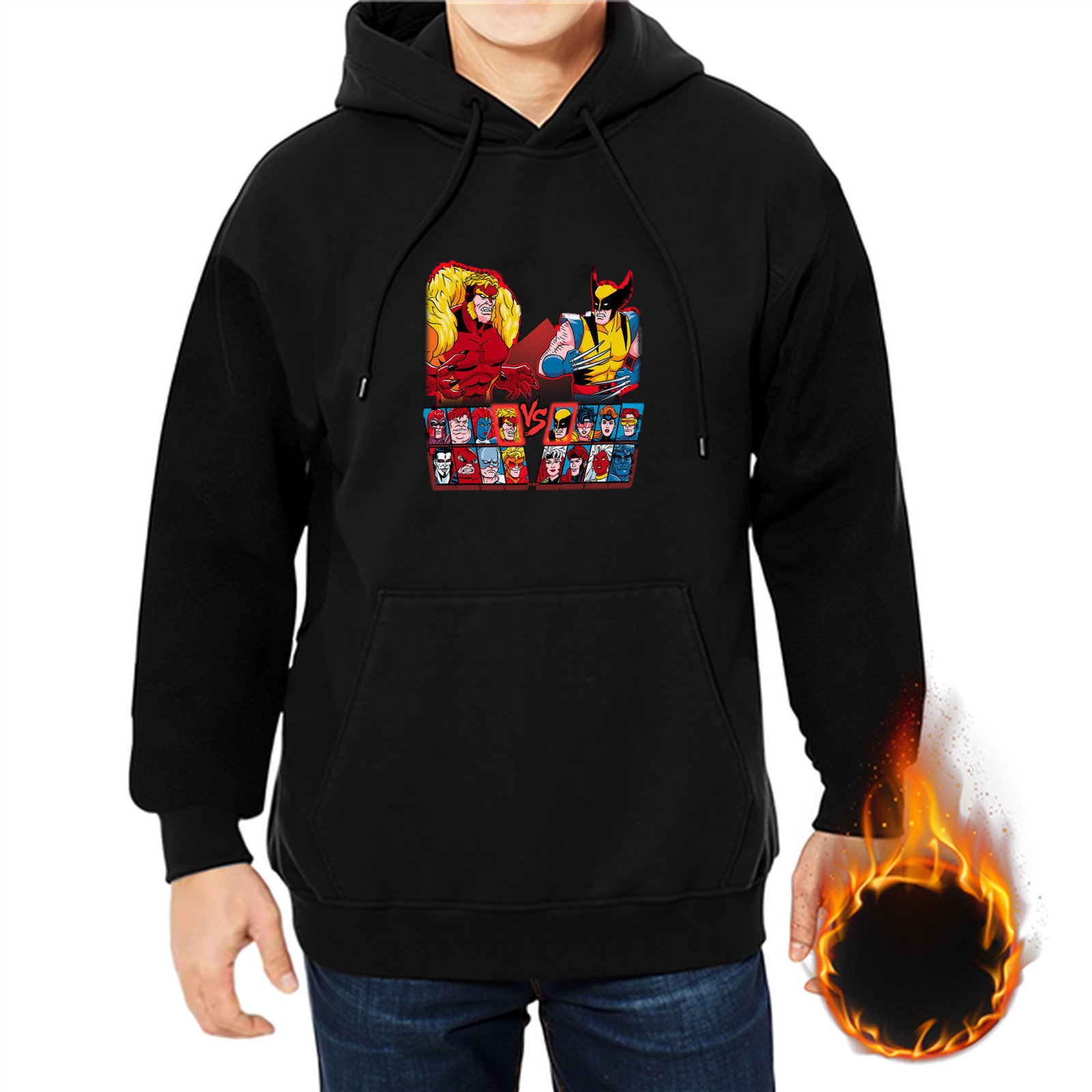 Black hoodie with superhero vs character graphic print