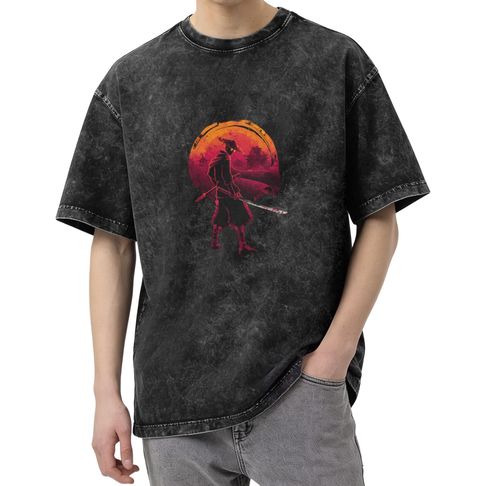 Oversized Acid Wash T-Shirt With Samurai Silhouette Sunset Print