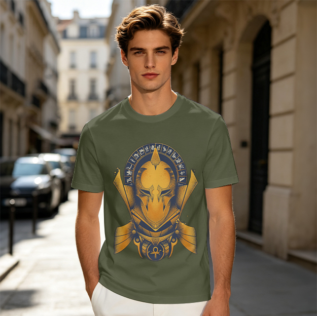 Olive T-Shirt with Ancient Egyptian Style Golden Helmet Print