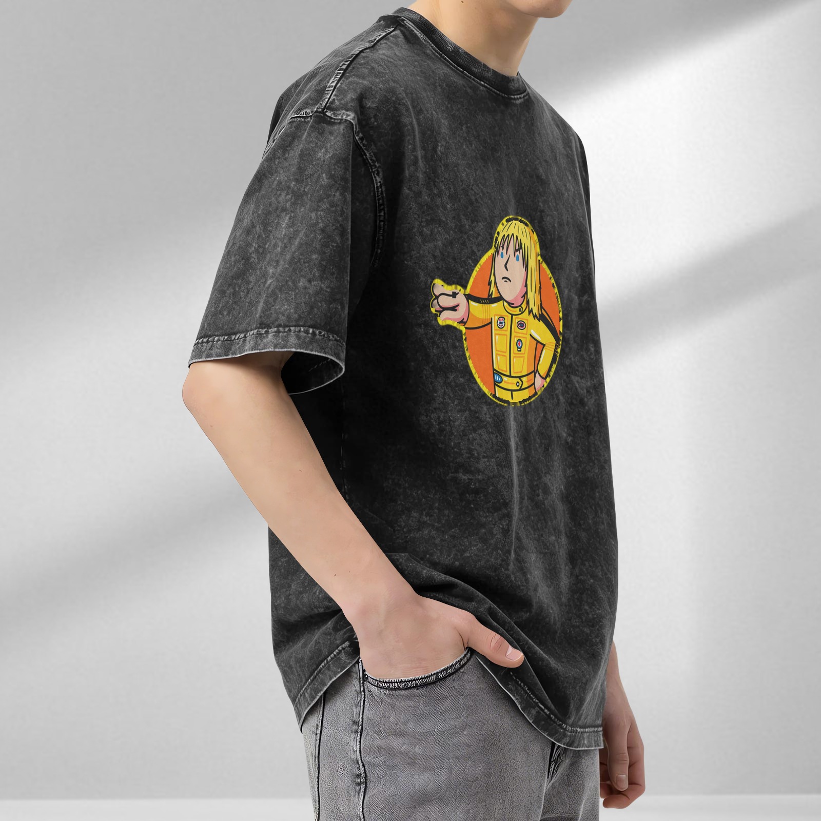 Oversized dark washed t-shirt with cartoon action figure graphic