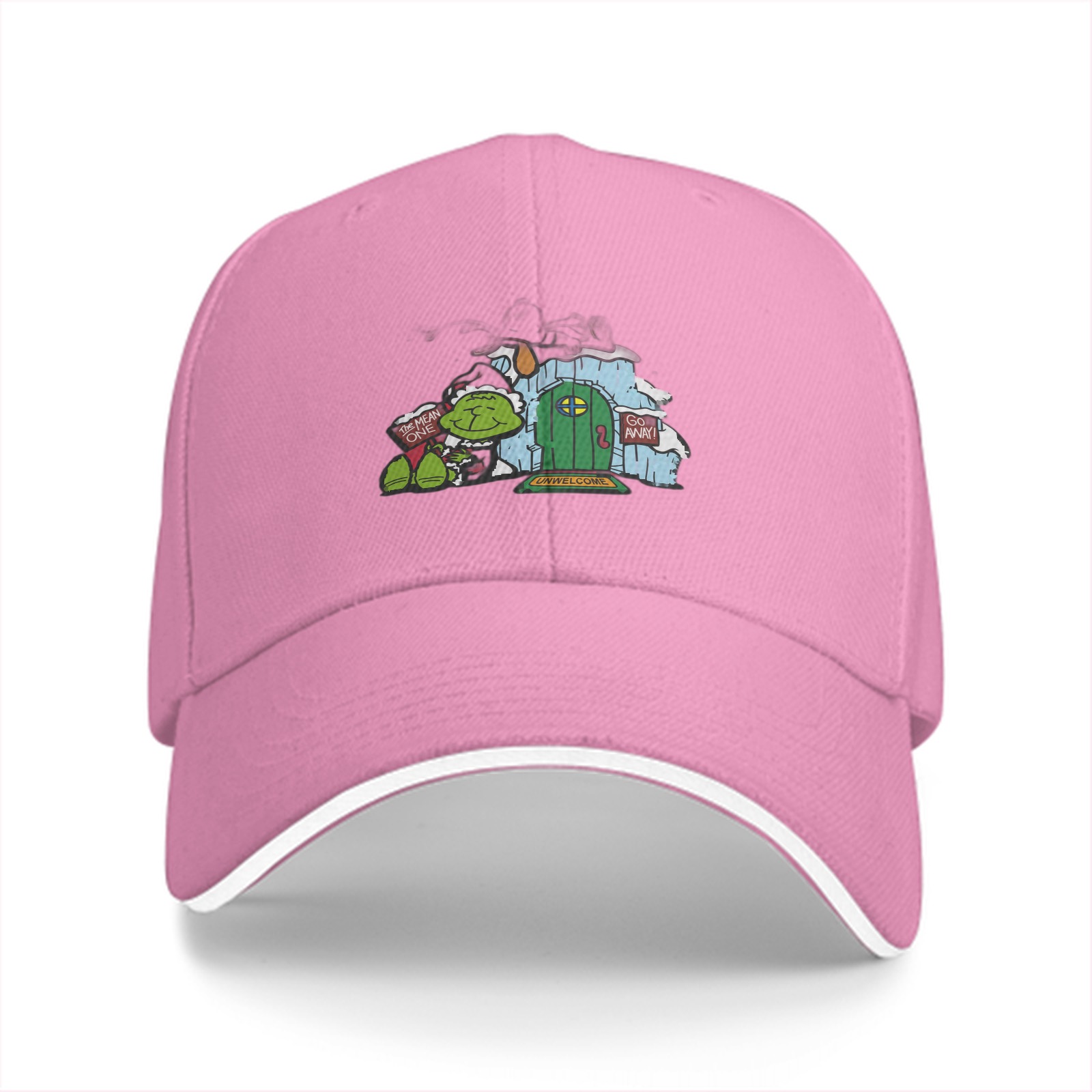 Black baseball cap with Grinch-themed holiday door print